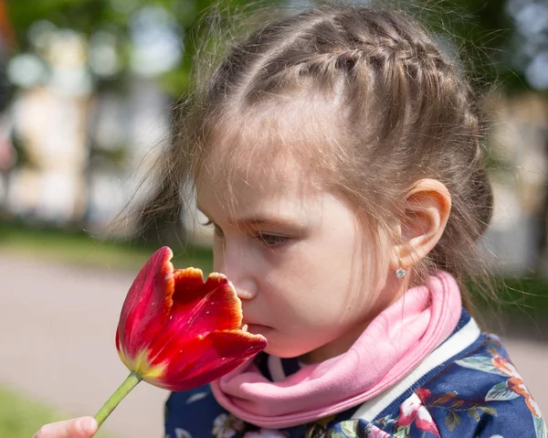 Hermosa chica oliendo tulipán rojo contra fondo florido primavera — Foto de Stock