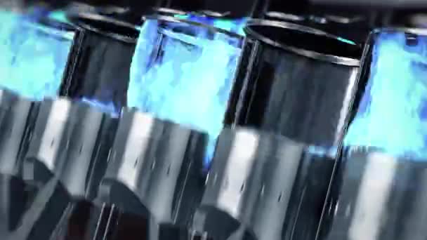 Een close-up van de motor in slow motion met een blauwe explosies van brandstof — Stockvideo