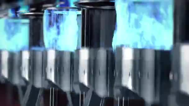 Крупный план двигателя в замедленной съемке с голубыми взрывами топлива — стоковое видео