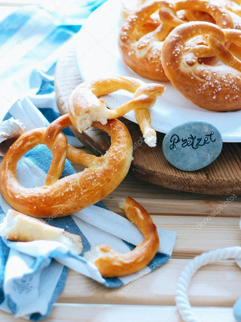 Homemade whole meal pretzels with sesame and salt