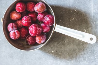 Erik gri beton zemin üzerine eski bir metal kevgir içinde farklı çeşitleri. Üstten görünüm. Bahçe, tarım, hasat kavramı.