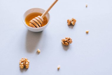 Plaka bal ayı, ceviz ve beyaz zemin üzerine çam fıstığı