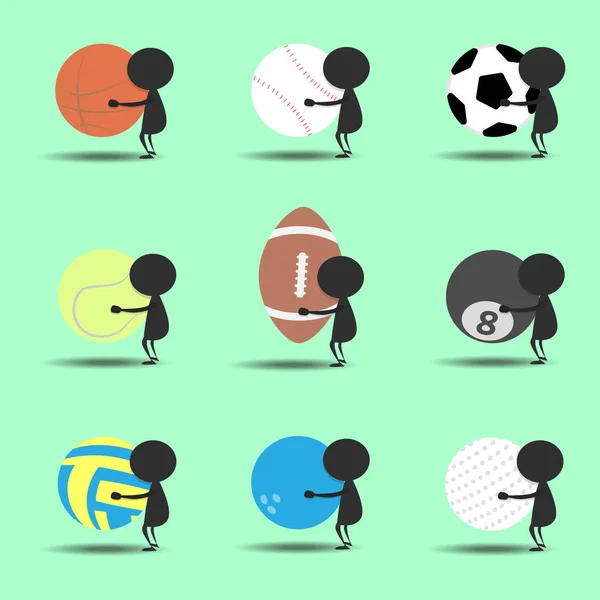 Black Man Charakter Cartoon halten Sportbälle mit grünem Hintergrund. Flache Grafik. Logo-Design. Sport-Cartoon. Vektor. — Stockvektor