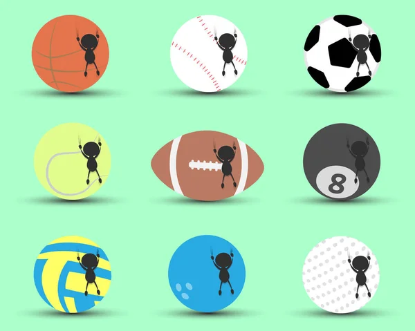 Black Man Charakter Cartoon hängen und Kupplung Sportball zu verhindern, dass zu fallen mit grünem Hintergrund. Flache Grafik. Logo-Design. Sport-Cartoon. Sportbälle. Vektor. — Stockvektor