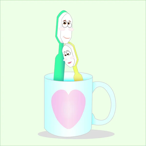 Sweet couple toothbrush in lovely heart glass in valentine's day.cartoon vector. Vector. — Stock Vector