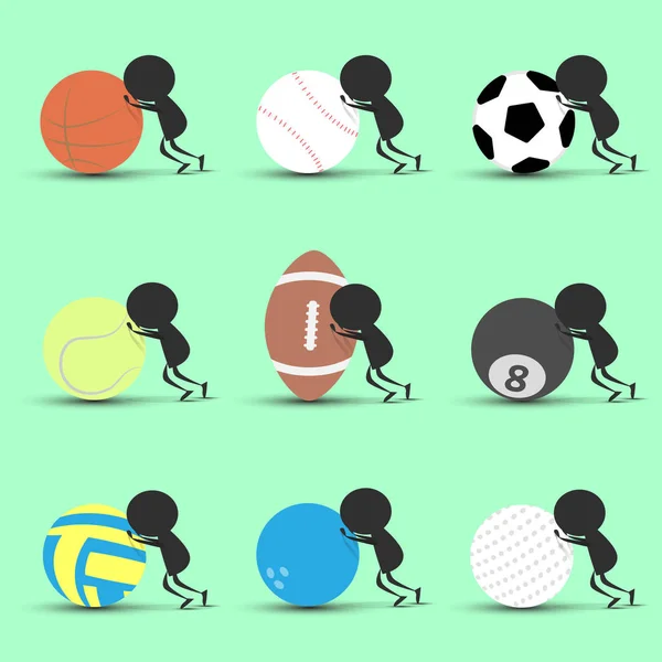 Schwarzer Mann Charakter Cartoon schieben Sportball vorwärts mit grünem Hintergrund. Flache Grafik. Logo-Design. Sport-Cartoon. Sportbälle .Vektor. — Stockvektor