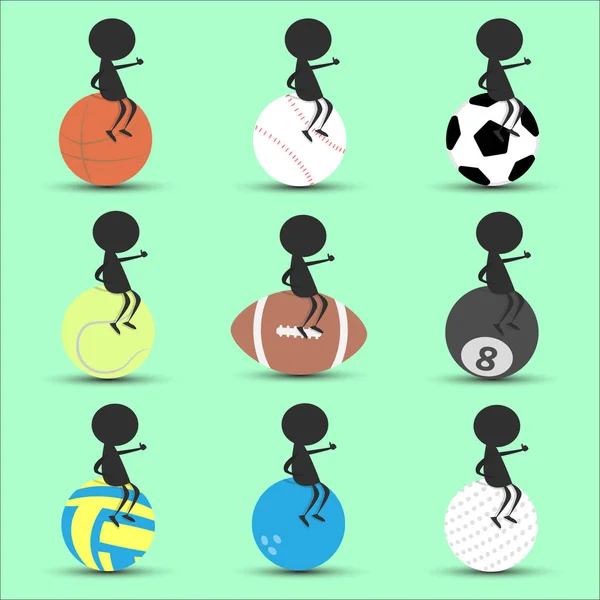 Cartoon-Figuren schwarzer Männer sitzen auf Sportbällen mit grünem Hintergrund. Flache Grafik. Logo-Design. Sport-Cartoon. Vektor. — Stockvektor