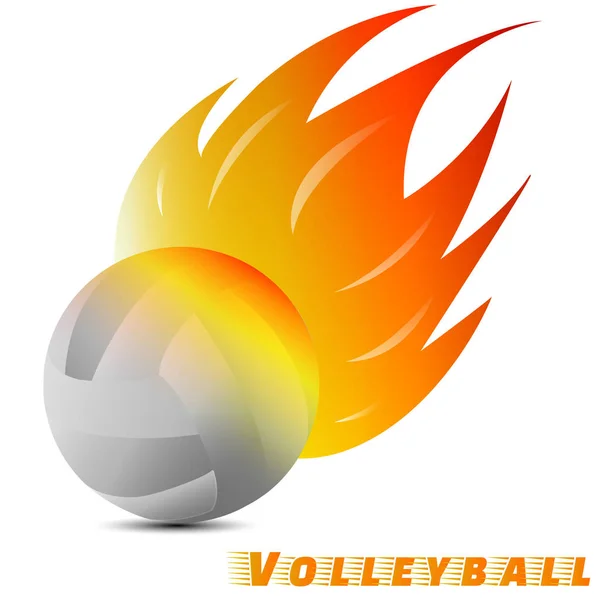 Weißer Volleyball mit rot-orange-gelbem Feuerton vor weißem Hintergrund. Volleyball-Logo. Vektor. Illustration. — Stockvektor