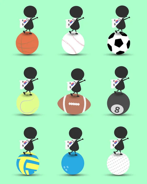 Fekete férfi karakter cartoon állni a sport labda és kezeket fel rezsi hullámos Dél-koreai zászló és zöld háttérrel. Lapos graphic.logo design.sports cartoon.sports golyó vektor. illusztráció. — Stock Vector