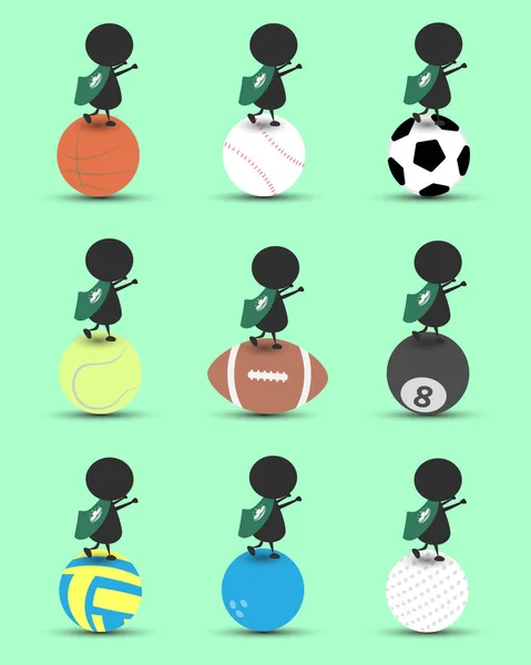 Black Man Charakter Cartoon stehen auf Sportball und Hände nach oben mit welligen Macau-Flagge und grünem Hintergrund. flache graphic.logo design.sports cartoon.sports balls vektor. Illustration. rgb — Stockvektor