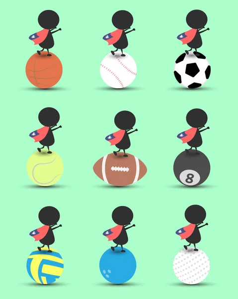 Чернокожий персонаж мультфильма стоит на спортивном мяче и поднимает голову с воском тайваньского флага и зеленым фоном. Плоская графика, логотип, спортивный мультик, спортивные мячи. иллюстрация. RGB — стоковый вектор