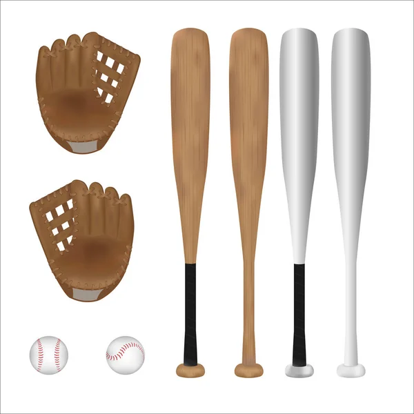 Vereinzelt Baseballball, Baseballschläger und Baseballhandschuh mit weißem Hintergrund. Vektor. Illustration. Grafikdesign. Objekt. — Stockvektor