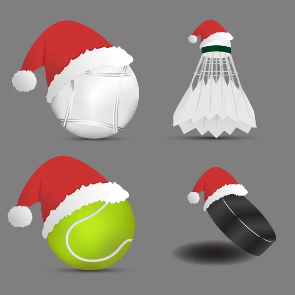 Santa Hat with Boules ball shuttlecock or badminton ball  tennis ball  ice hockey ball on gray background.set of sports balls. vector. illustration. graphic. super sale for Christmas day. — Stock Vector