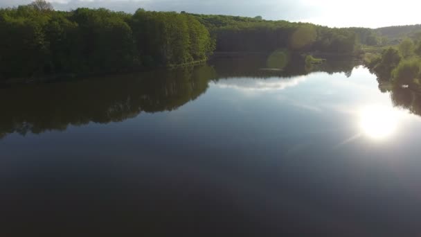 Survol du lac et de la forêt tôt le matin. Drone Vidéo Aérienne 