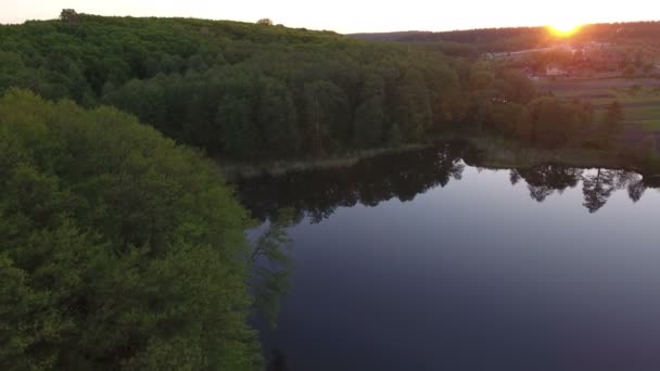 Політ над лісом біля озера. Повітряний безпілотник — стокове відео