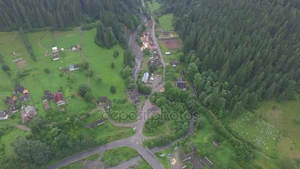 Дом в горах рядом с лесом. вид с воздуха — стоковое видео