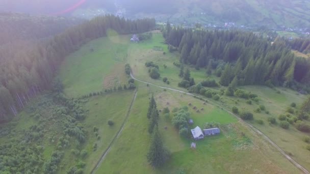 Прекрасный дом в горном лесу. вид с воздуха — стоковое видео