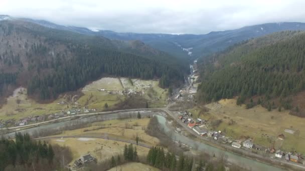 Volando Las Montañas Sobre Bosque Pinos Río — Vídeo de stock