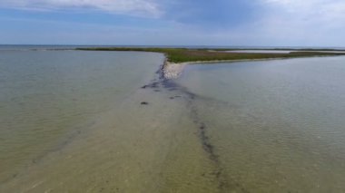 An amazing bird`s eye view of the Black Sea coast with triangular sand spit with green wetland on a sunny day in summer. The sea water is shot from a low flying drone. The seagulls take off suddenly
