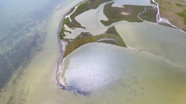 A fairy tale bird`s eye view of the Black Sea coast with curvy lines forming some magic creatures from salt and areas of multicolored wetland on a sunny day in summer. The landscape looks fine