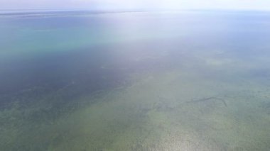 An impressive bird`s eye view of the Black Sea shallow with dark wetland on the bottom and bright blue waters at splendid sunset in summer. The seascape looks great and gorgeous