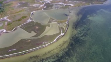 A wonderful bird`s eye view of the Black Sea shore with twisting lines making some fabulous pictures from salt and areas of colorful wetland on a sunny day in summer. The landscape is splendid.