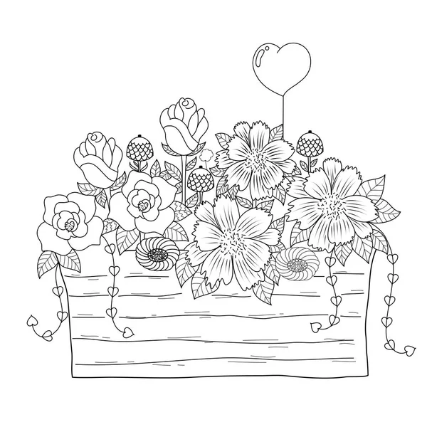 Livre Coloriage Panier Fleurs Pour Adulte Saint Valentin Illustration Vectorielle — Image vectorielle