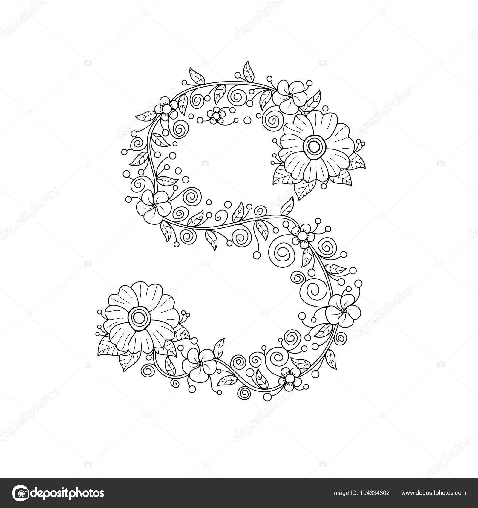 Floral Alphabet Letter Coloring Book Adults Vector Illustration