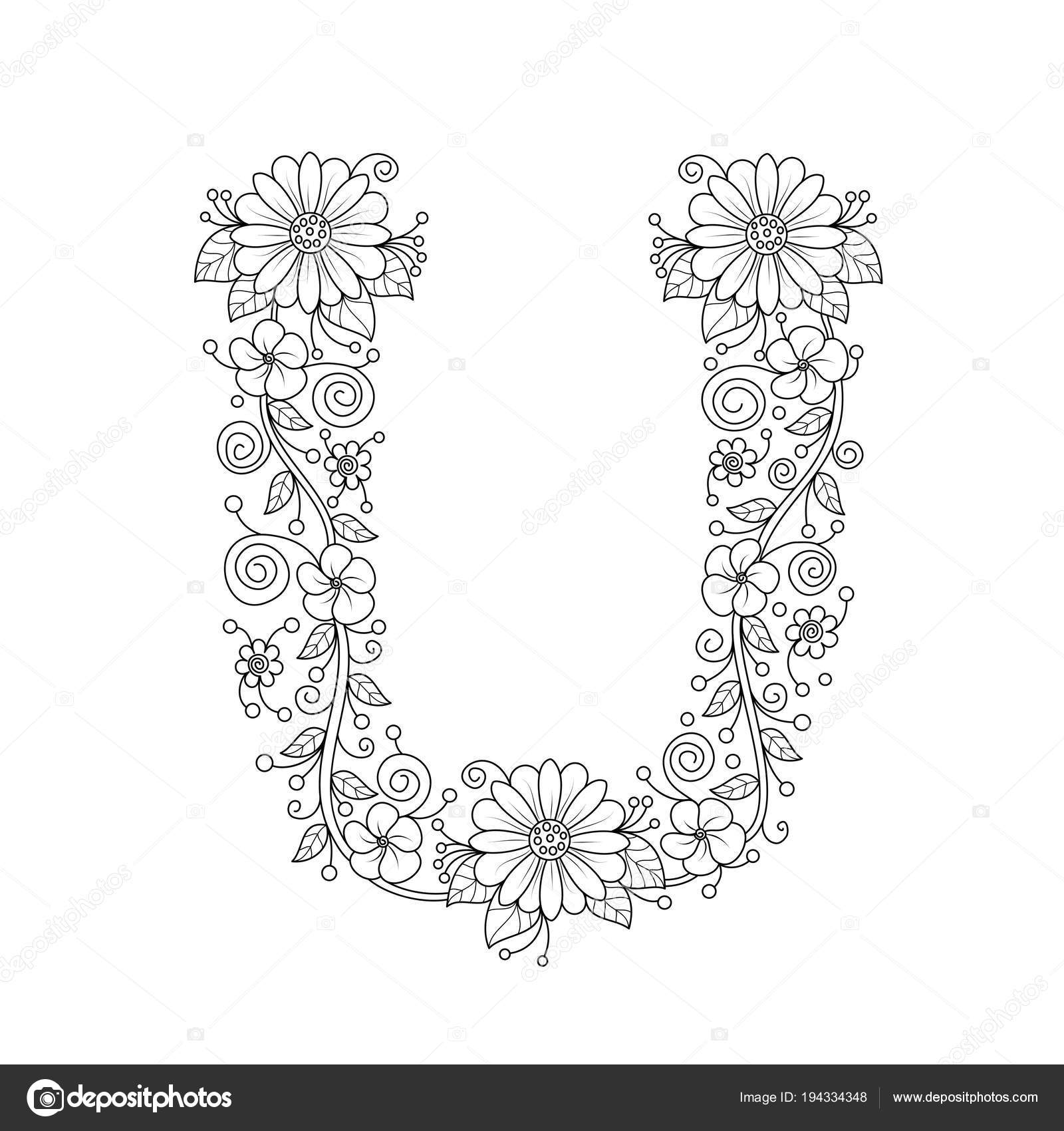 Floral Alphabet Letter Coloring Book Adults Vector Illustration