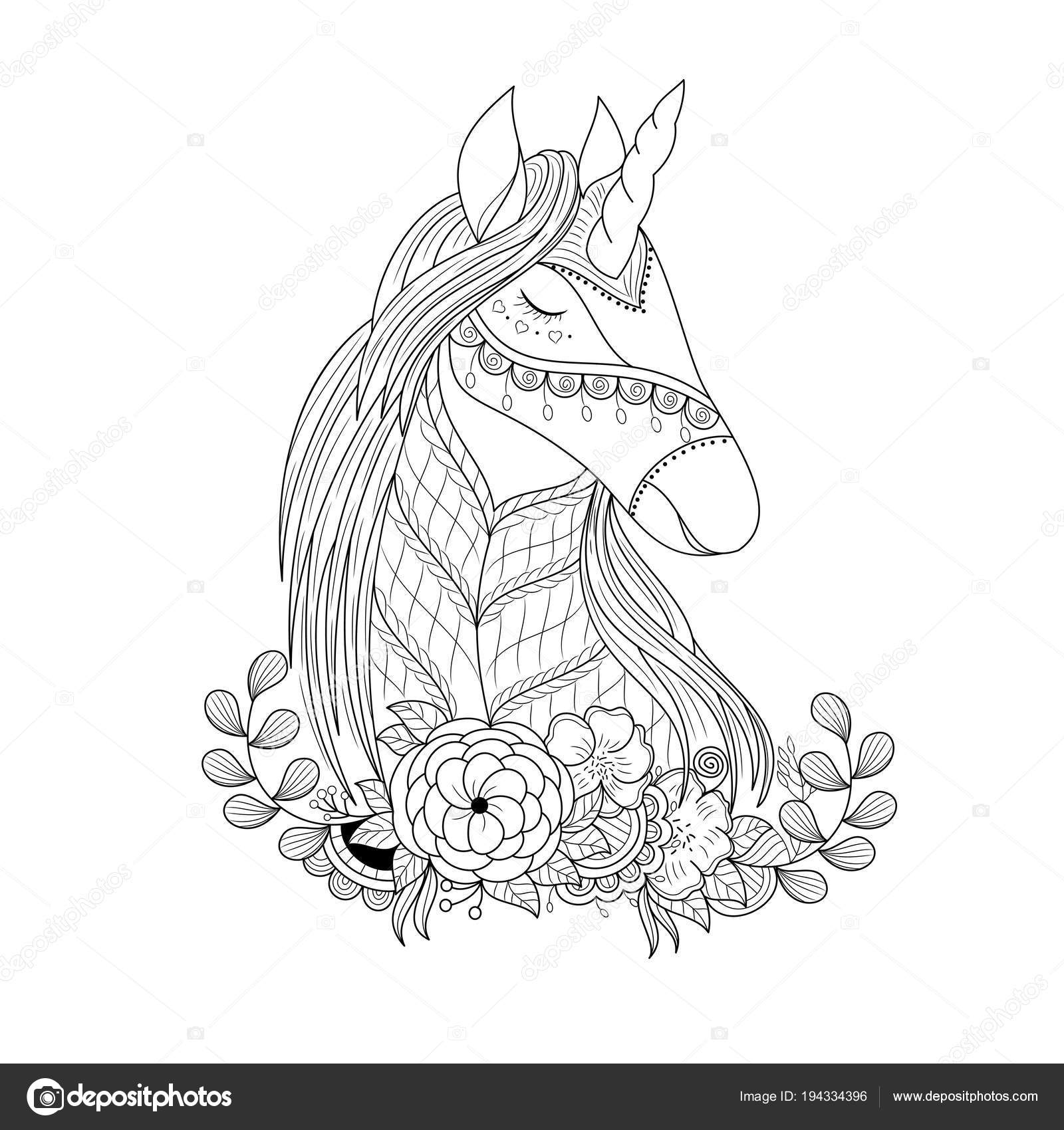 Unicorn Floral Zentangle Adult Coloring Book Page Vector