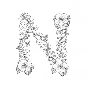Çiçekli Alfabe harf N boyama kitabı yetişkinler için. vektör çizim. Elle çizilmiş. Doodle stili.