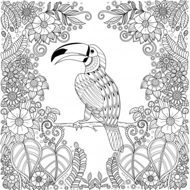 Tropikal Kartallar kuş zentangle kitap page.vector Illustration boyama yetişkin için çiçekli ormanda. Elle çizilmiş.