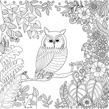 Kitap sayfa adult.vector hisse senedi için ormandaki Baykuş boyama. Stilize el drawn.zentangle.