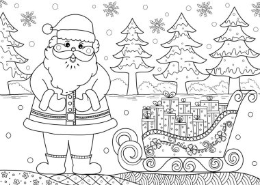 Noel Baba boyama kitabı yetişkin ve çocuk için içinde hediye ile. Doodle tarzı. vektör çizim. handdrawn.