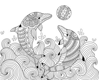 Boyama kitabı yunus çift yetişkin için. Doodle tarzı. vektör çizim. handdrawn.