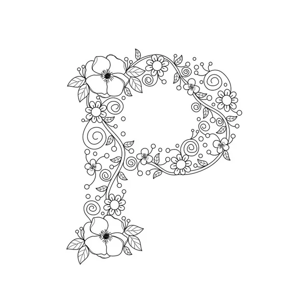 Floral Alfabet Letter Kleurboek Voor Volwassenen Vectorillustratie Hand Getrokken Doodle — Stockvector