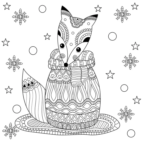 Раскраска Лисицы Зимой Изображения Adult Zentangle Style Vector Рисунок Руки — стоковый вектор