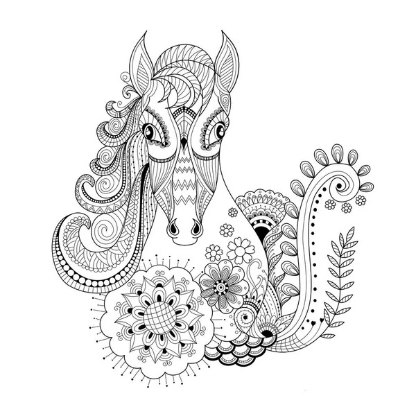Кінь Квітковому Зонтелі Дорослих Сторінка Розмальовки Векторні Ілюстрації — стоковий вектор