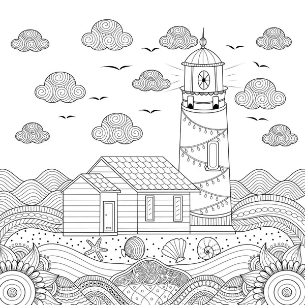 Маяк Розмальовка Сторінка Дорослих Рука Намальована Векторні Ілюстрації Стиль Doodle — стоковий вектор