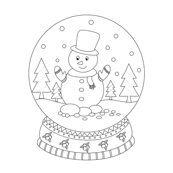 Coloring Book Page Christmas Snow Globe Snow Man Hand Drawn — Stock Vector