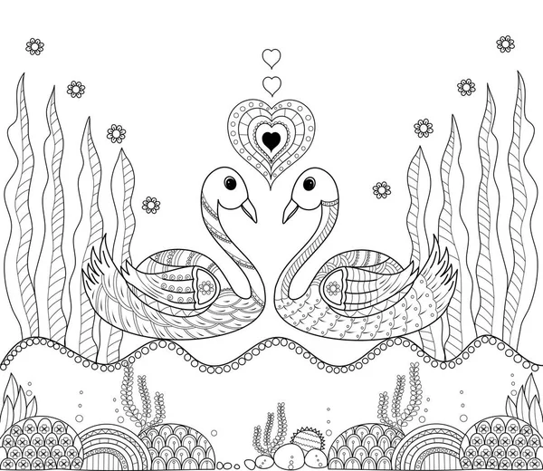 Сторінка Розмальовки Пари Лебедів Дорослих Стиль Doodle Векторні Ілюстрації Ручна — стоковий вектор