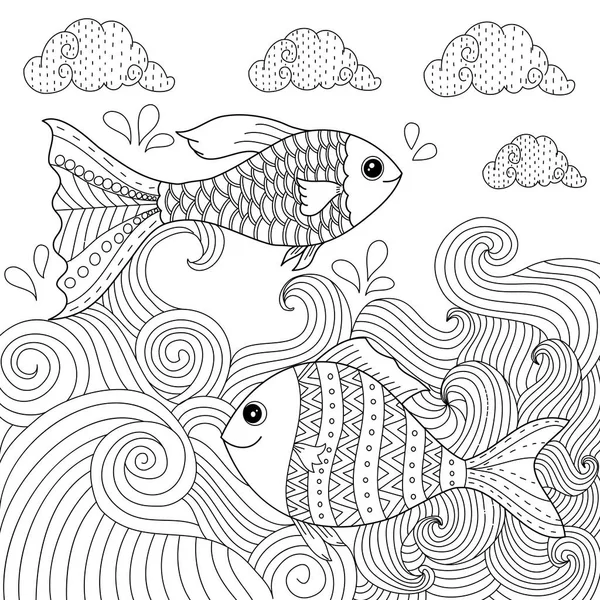 Fish Couple Coloring Book Adult Children Doodle Style Vector Illustration — Stock Vector