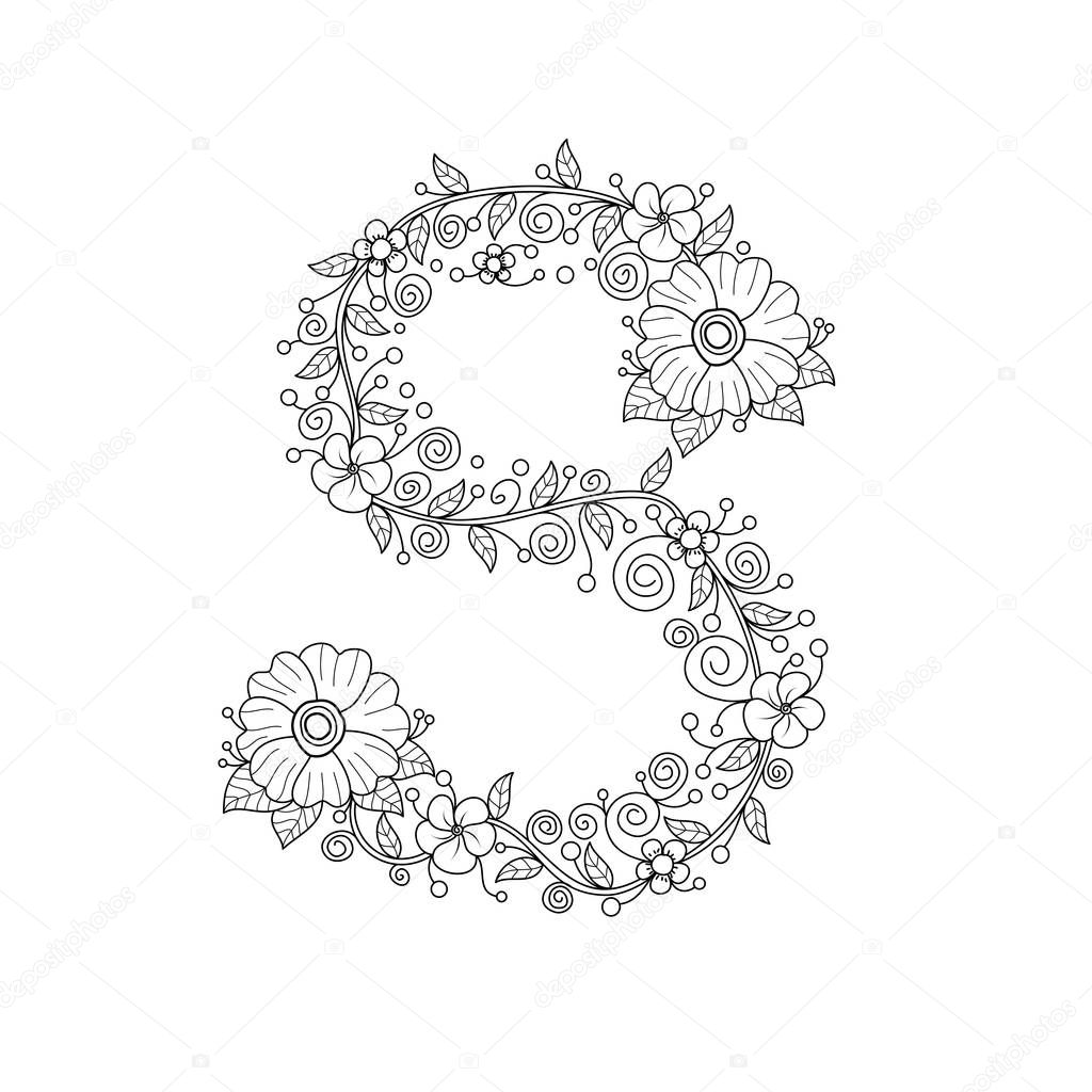 Floral alphabet letter S coloring book for adults. vector illustration.Hand drawn.Doodle style.