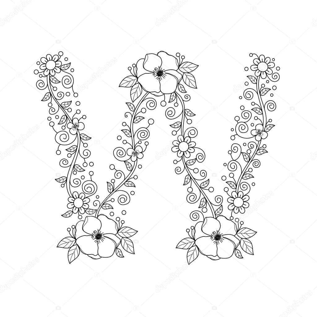 Floral alphabet letter W coloring book for adults. vector illustration.Hand drawn.Doodle style.