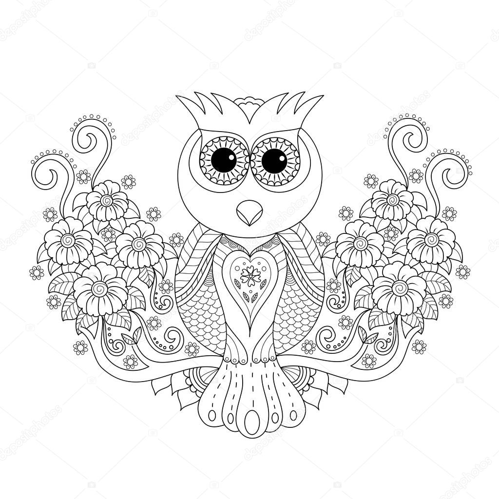 Coloring book of owl for adult.vector illustration. Hand drawn zentangle.