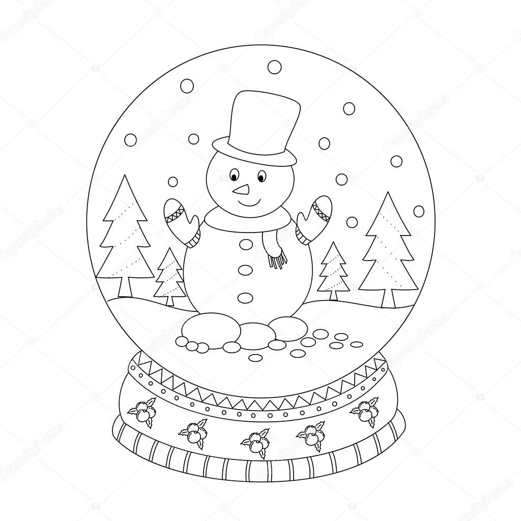 Coloring book page of christmas snow globe with snow man. Hand drawn. Vector illustration. 