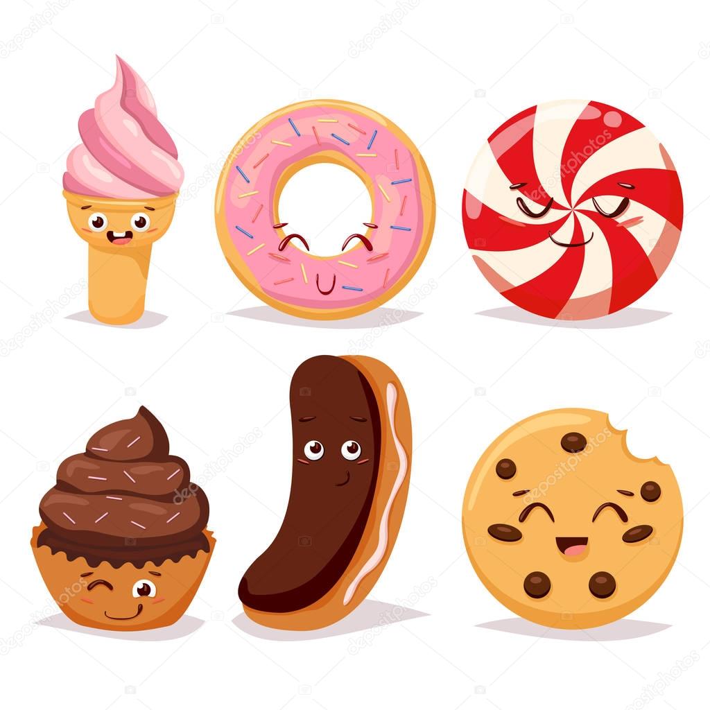 Collection sweets dessert candy and doodle icon