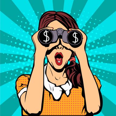 Finansal para birimi dolar işadamı dürbün pop sanat retro tarzı izleme. Açık ağız seksi sürpriz kadınla. Renkli vektör arka planda pop sanat retro komik tarzı.