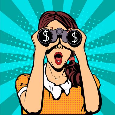 Financial monitoring of currency dollar businessman binoculars pop art retro style. Sexy surprised woman with open mouth. Colorful vector background in pop art retro comic style. clipart