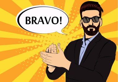 Hipster beard businessman applause bravo concept of success retro style pop art. Businessman in glasses in comic style. Success concept vector illustration.